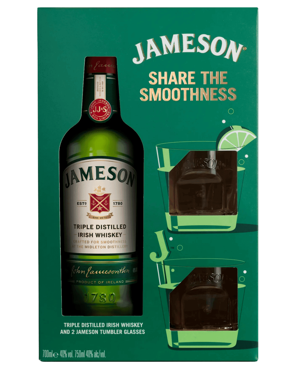 JAMESON IRISH WHISKEY 750ML W/GLASSES